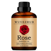 Wuvezrub Rose Essential Oil bottle on wood, highlighting purity and aroma.