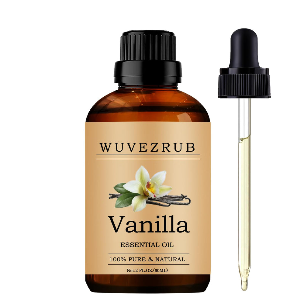 Wuvezrub Vanilla essential oil bottle for diffusion, delivering a warm aroma.