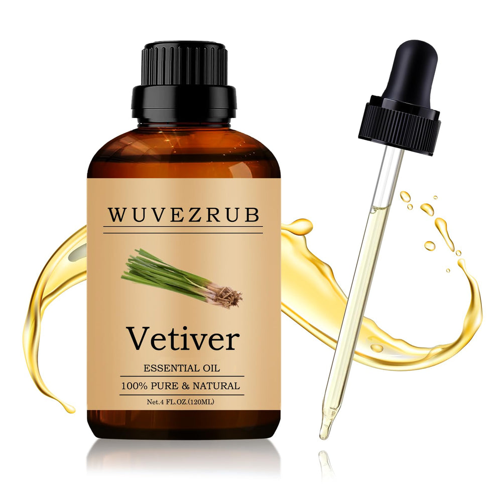 Wuvezrub Vetiver oil bottle highlights pure aroma for diffusers.