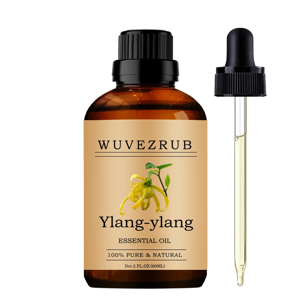 Wuvezrub Ylang-Ylang essential oil bottle for aromatherapy and diffusion.