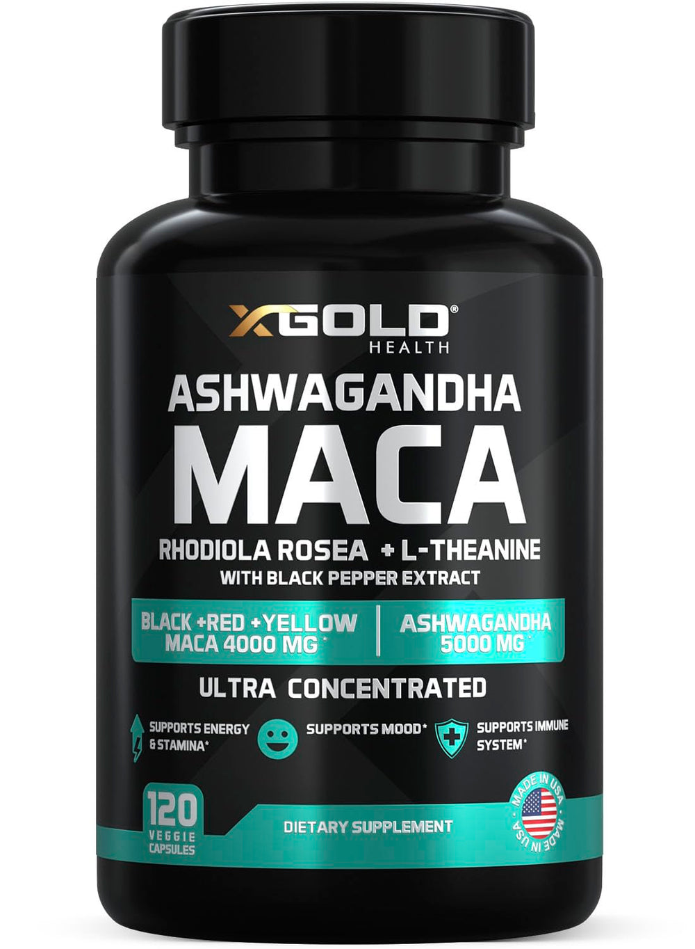 X Gold Health ashwagandha bottle label showing 30:1 extract for energy support