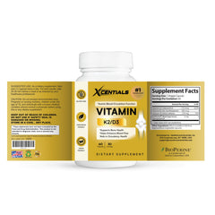 Xcentials Vitamin D3 K2 bottle showcasing 60 vegan capsules for bone and heart support