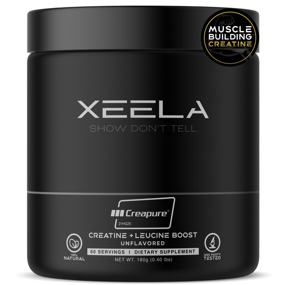 XEELA Creatine bottle front view with Creapure label for lean muscle support