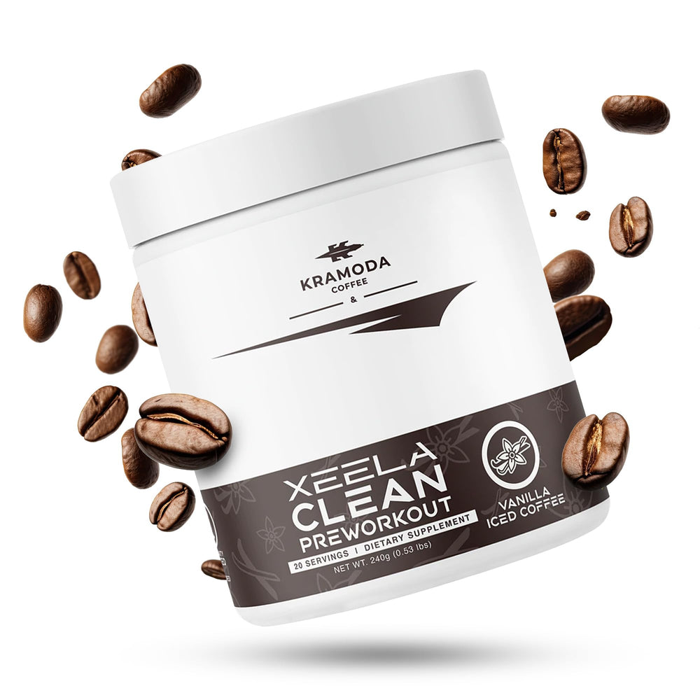 XEELA Pre Workout bottle with Vanilla Iced Coffee for energized workouts.