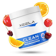 XEELA Pre Workout Tropical Punch tub front, clean formula for focused, jitter-free workouts.