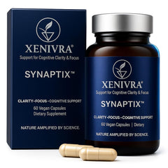XENIVRA NATURE Synaptix bottle close-up, clean herbal nootropic packaging for daily focus.