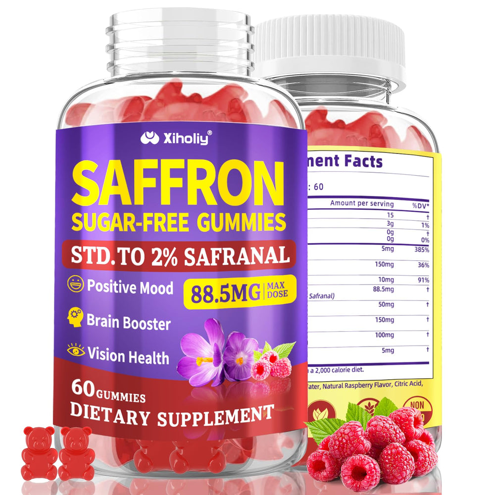 XIHOLIY saffron gummies jar front for mood support and convenience.