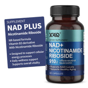 XKQ NAD+ bottle close-up showing 910 mg Niagen for energy