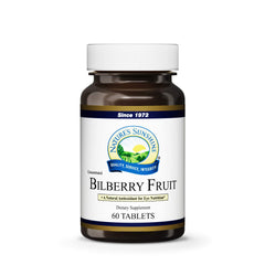 Xllent Nature's Sunshine Bilberry tablets bottle with label, highlighting antioxidant bilberry concentrate
