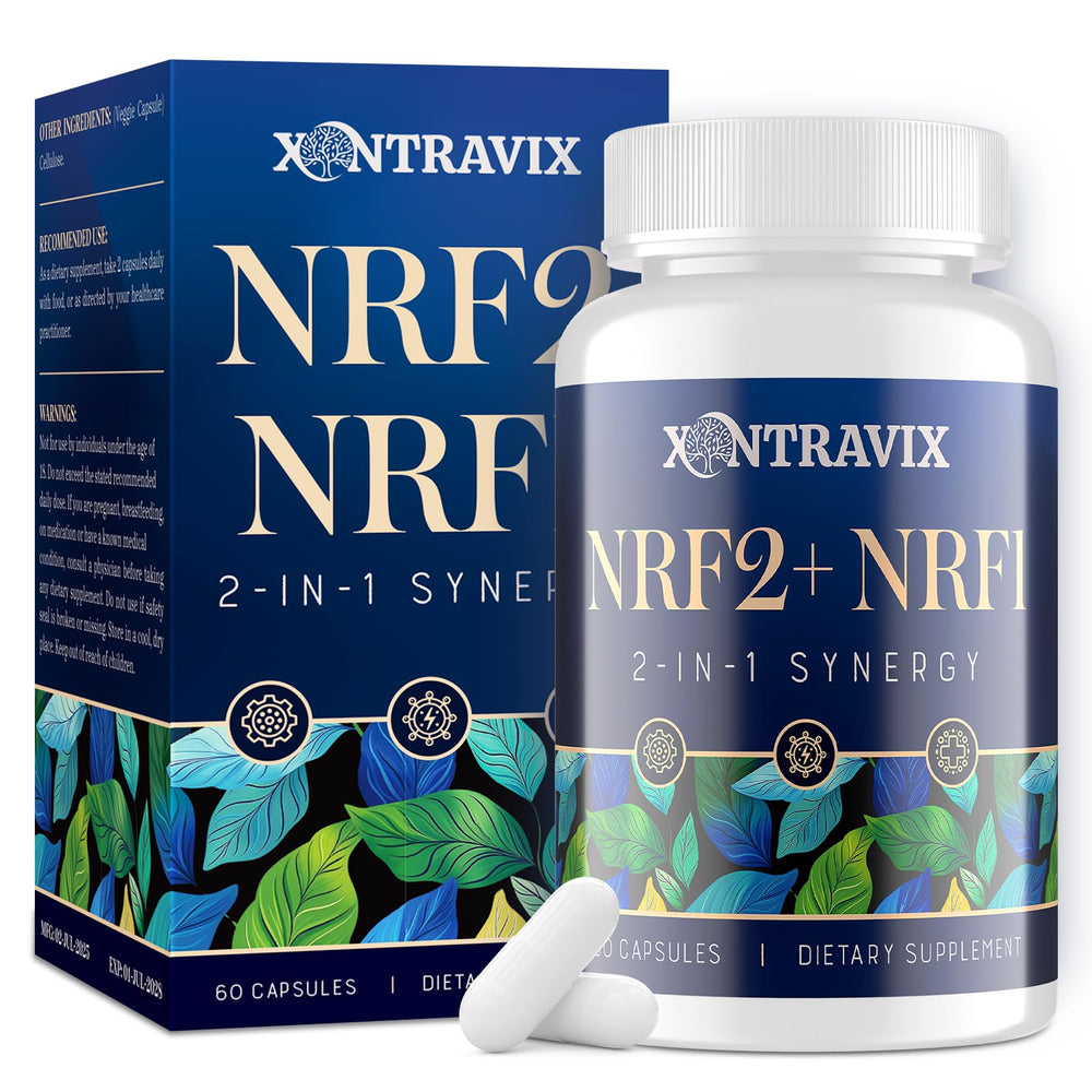 Xontravix NRF1 NRF2 bottle shows dual activation for cellular support.