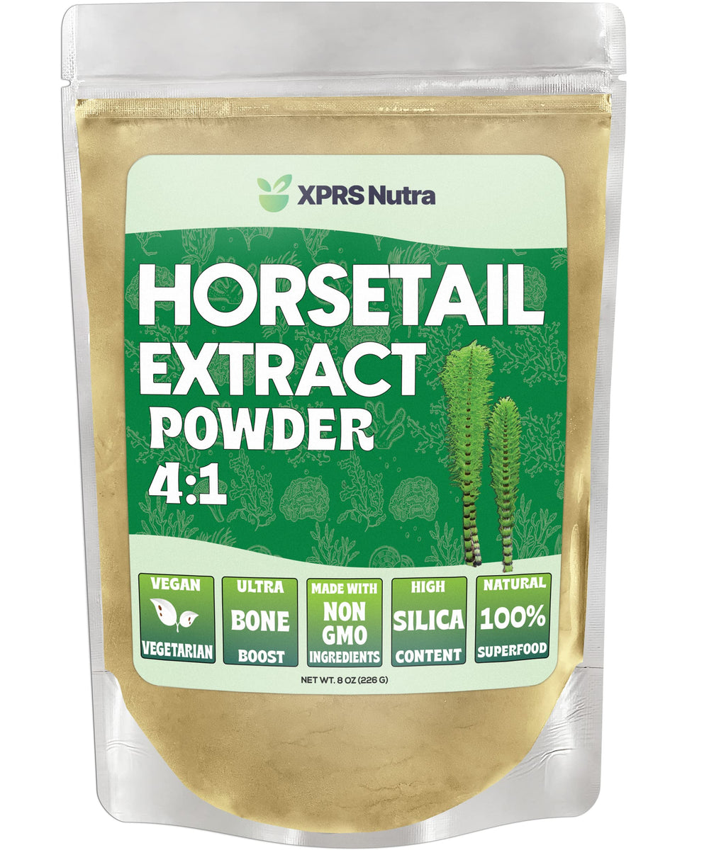 XPRS Nutra horsetail extract powder bottle showing high silica for hair and nails