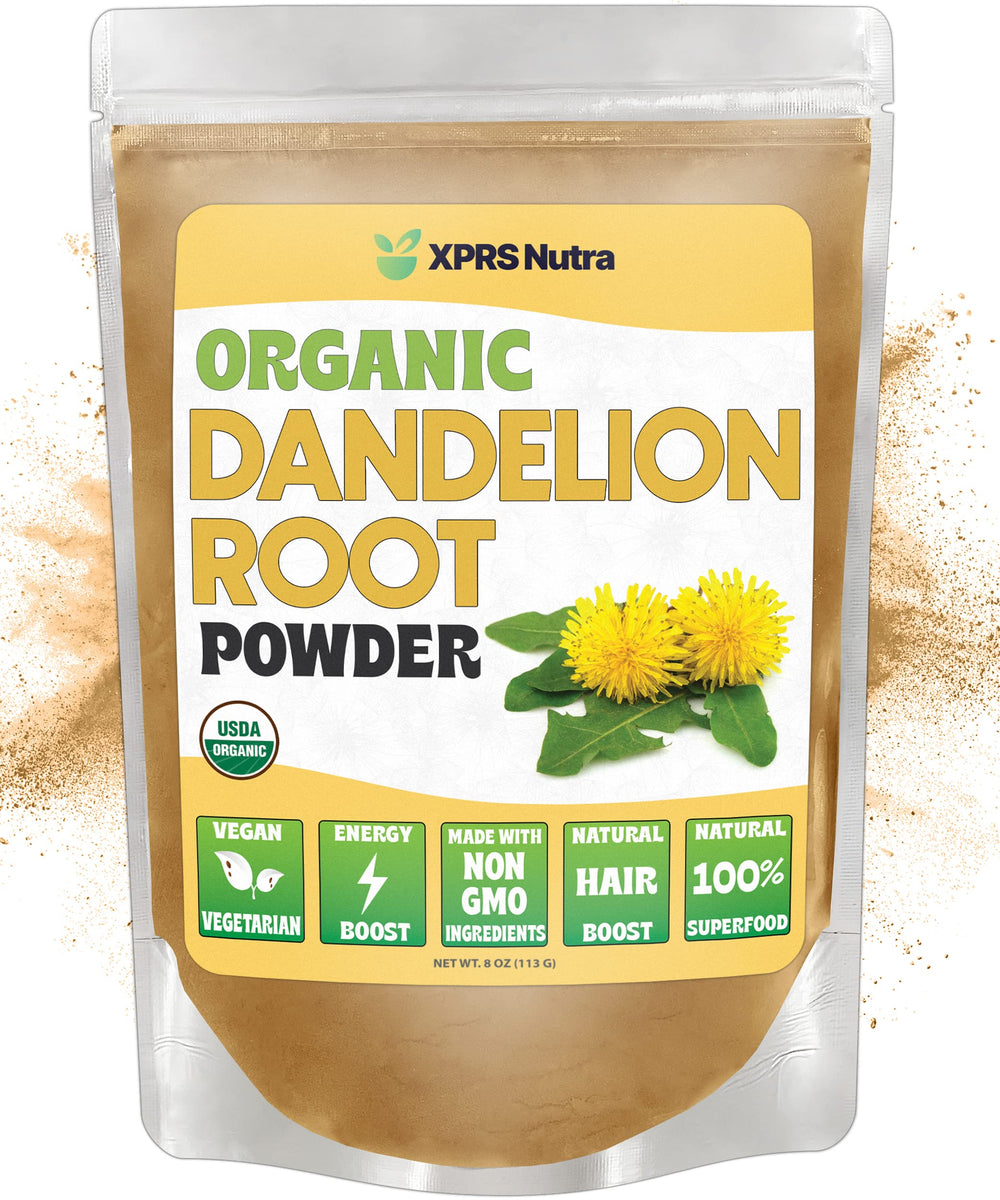 XPRS Nutra Organic Dandelion Root Powder bottle close-up emphasizes purity for daily use.