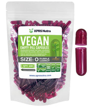 XPRS Nutra Size 0 empty capsules in purple carrot color, easy-to-fill transparent shells.