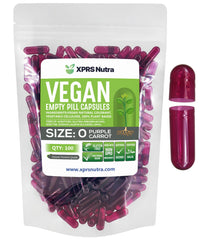 XPRS Nutra Size 0 empty capsules in purple carrot color, easy-to-fill transparent shells.