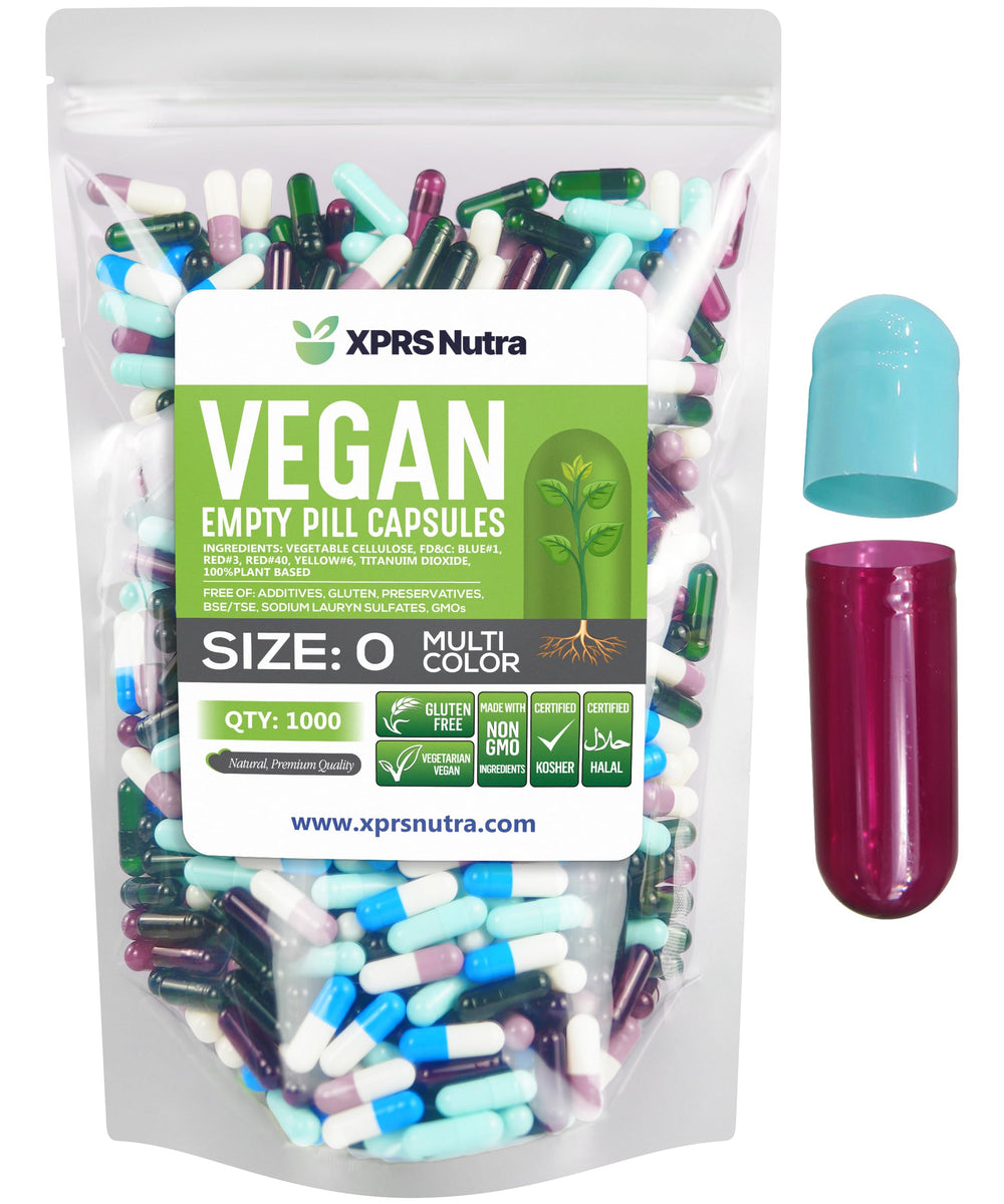 XPRS Nutra Size 0 empty capsules in multi-color veggie shells ready for DIY filling