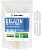 XPRS Nutra Size 5 empty capsules, clear shells for precise filling.