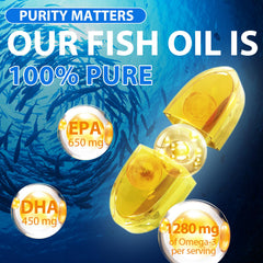 Xsvseie Omega-3 Softgels close-up highlighting burpless formula and Non-GMO quality.