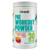 Xtravit Pre Workout Fruit Punch tub label highlights ingredients and serving size