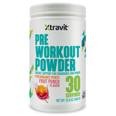 Xtravit Pre Workout Fruit Punch tub label highlights ingredients and serving size