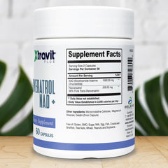 Xtravit Resveratrol NAD+ capsule close-up suggests easy daily wellness and focus