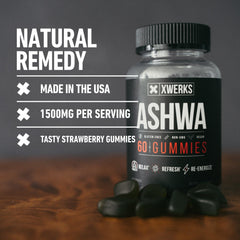 Xwerks Ashwagandha Gummies label details clean, non-GMO ingredients.