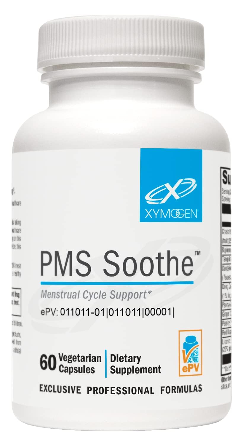 XYMOGEN PMS Soothe bottle label indicates vegan, gluten-free cycle support