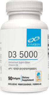 XYMOGEN D3 5000 softgel bottle for immune support and bone health.