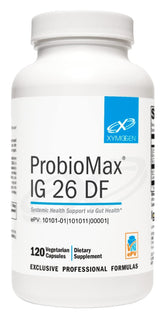 XYMOGEN ProbioMax IG 26 bottle shown for daily probiotic use and gut support.