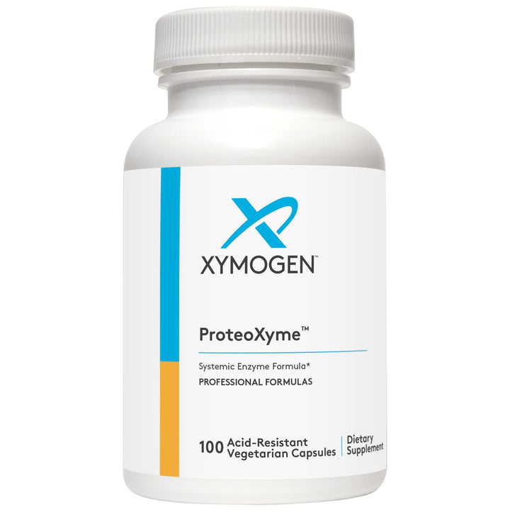 XYMOGEN ProteoXyme bottle front showing acid-resistant capsules for systemic delivery
