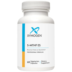 XYMOGEN 5-MTHF ES bottle label highlighting Quatrefolic L-methylfolate for methylation support