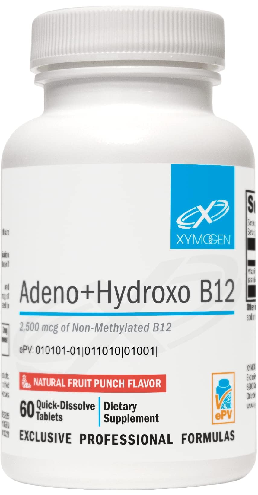 XYMOGEN Adeno+Hydroxo B12 lozenge fruit punch quick-dissolve for daily use.