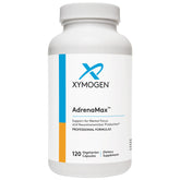 XYMOGEN AdrenaMax bottle front with label and capsules for daily focus support.
