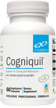 XYMOGEN Cogniquil bottle close-up showing easy-to-take capsules for daily focus