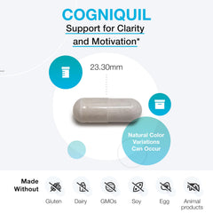 XYMOGEN Cogniquil label detail highlighting the allergen-free and patented ingredients
