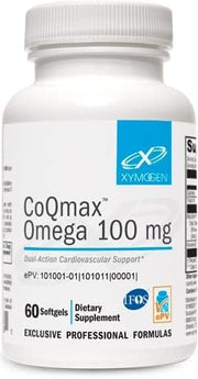 XYMOGEN CoQmax Omega bottle front view showing dual action heart support