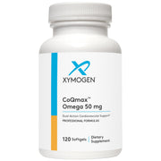 XYMOGEN CoQmax Omega bottle on a clean surface highlighting dual-action heart support