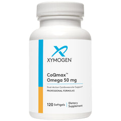 XYMOGEN CoQmax Omega bottle on a clean surface highlighting dual-action heart support