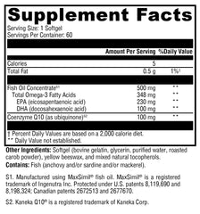 Close-up of XYMOGEN CoQmax Omega softgels highlighting easy to swallow form