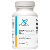 XYMOGEN DHEA 10 mg tablet closeup highlighting micronized formula for absorption.