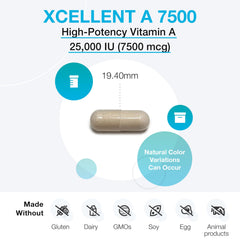 Close-up of XYMOGEN Xcellent A 7500 label emphasizing retinyl palmitate potency