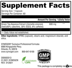 XYMOGEN Green Tea 600 capsules closeup showing 600 mg potency.