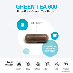 XYMOGEN Green Tea 600 label detail, gluten-free and vegan formulation.