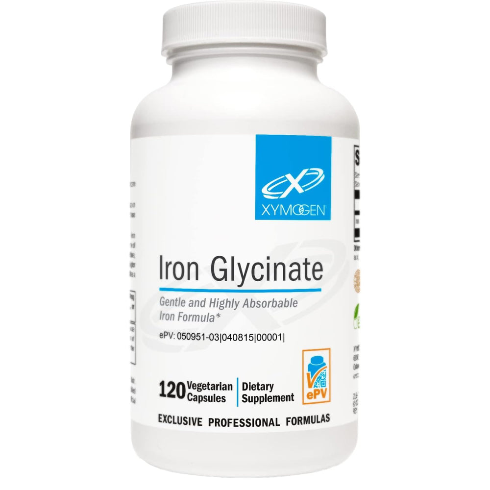 XYMOGEN Iron Glycinate bottle front showing high absorption support.