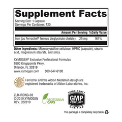 XYMOGEN Iron Glycinate label close-up highlighting patented formula.