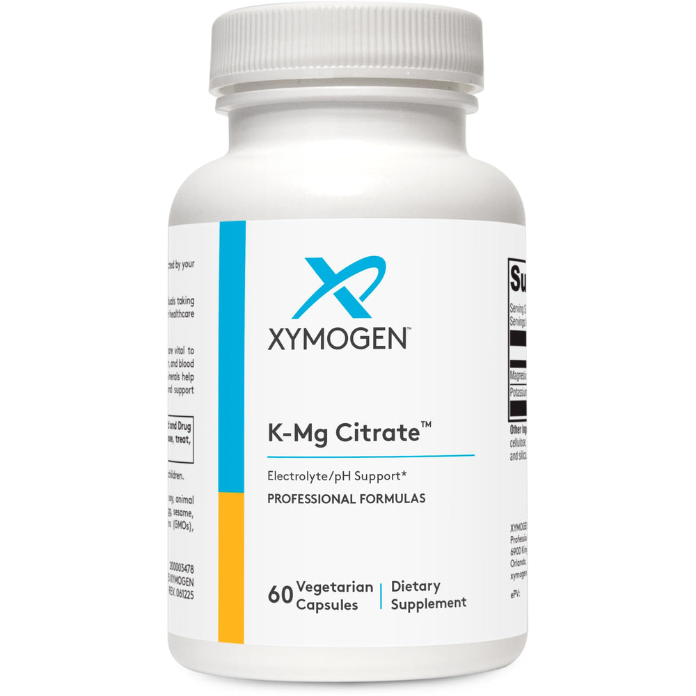 XYMOGEN K-Mg Citrate bottle front highlights electrolyte support for kidney health.