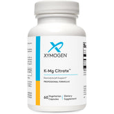 XYMOGEN K-Mg Citrate bottle front highlights electrolyte support for kidney health.