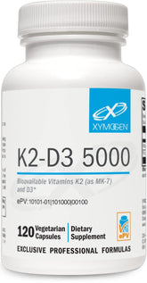 XYMOGEN K2-D3 5000iu bottle shown for daily absorption and convenience.