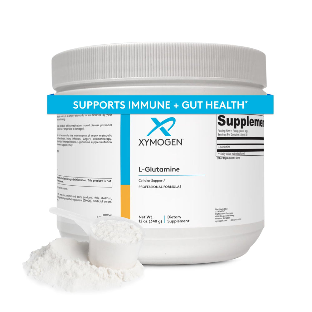 XYMOGEN L-Glutamine powder bottle shown with label and daily-use dosage for convenience.