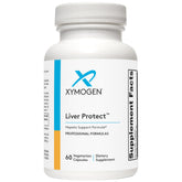 XYMOGEN Liver Protect bottle label highlighting liver support and antioxidant activity.