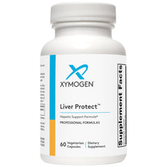 XYMOGEN Liver Protect bottle label highlighting liver support and antioxidant activity.